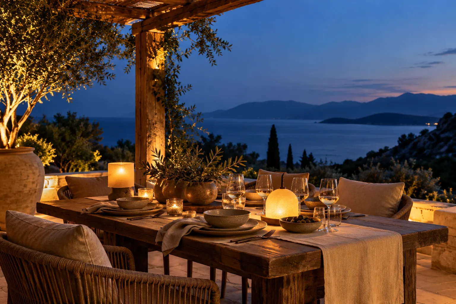 An imagined candlelit dinner terrace at blue hour
